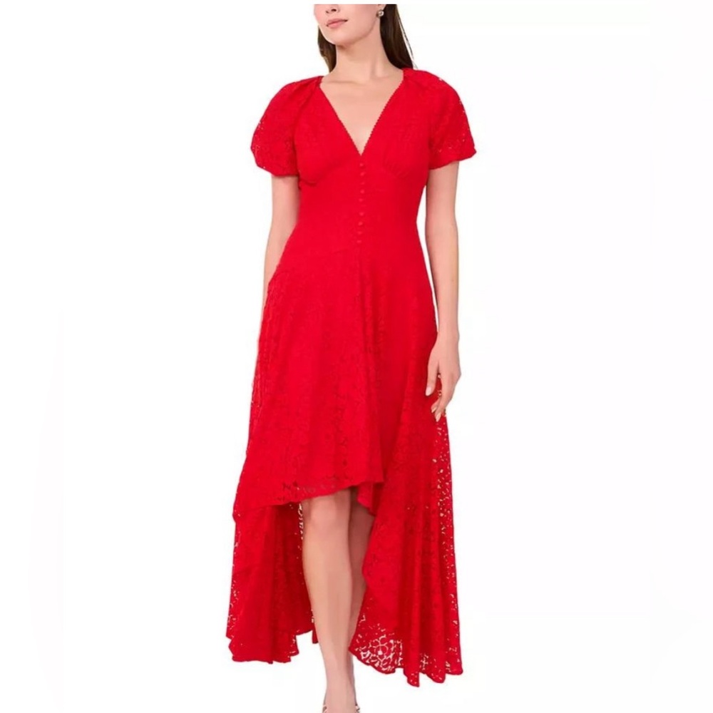 PARKER WOMEN'S V-NECK LACE HIGH-LOW FIT & FLARE DRESS IN BLACK Red Lace Dress